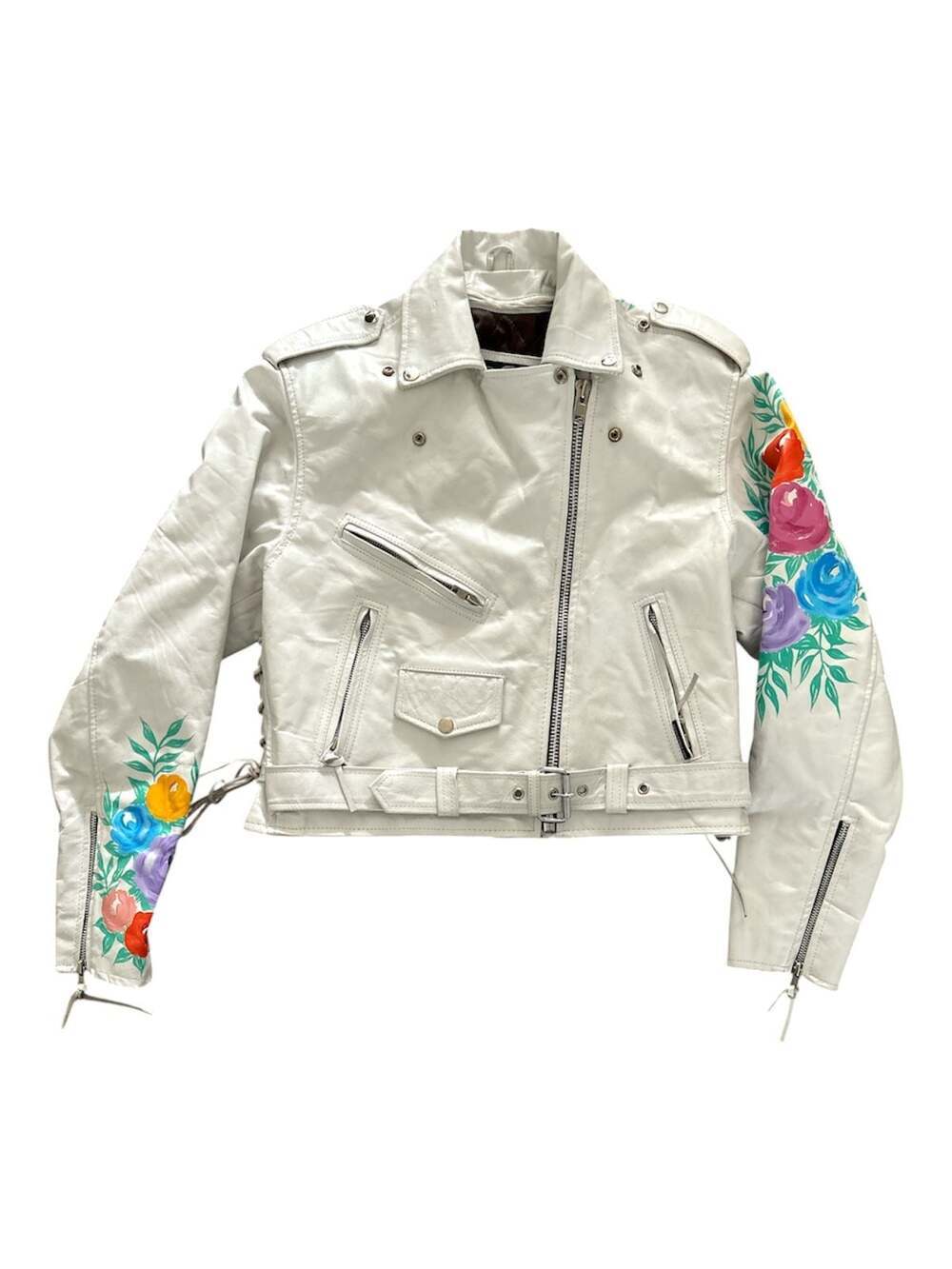 Jamin Leather White Floral Hand-Painted Biker Jacket - Picture 2 of 12